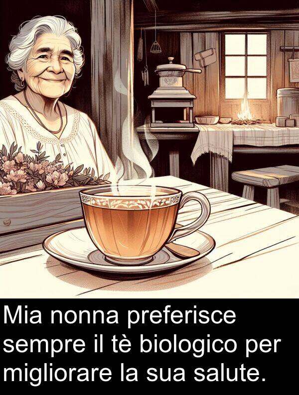 nonna: Mia nonna preferisce sempre il tè biologico per migliorare la sua salute.