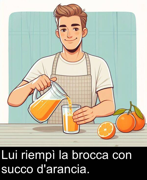 con: Lui riempì la brocca con succo d'arancia.