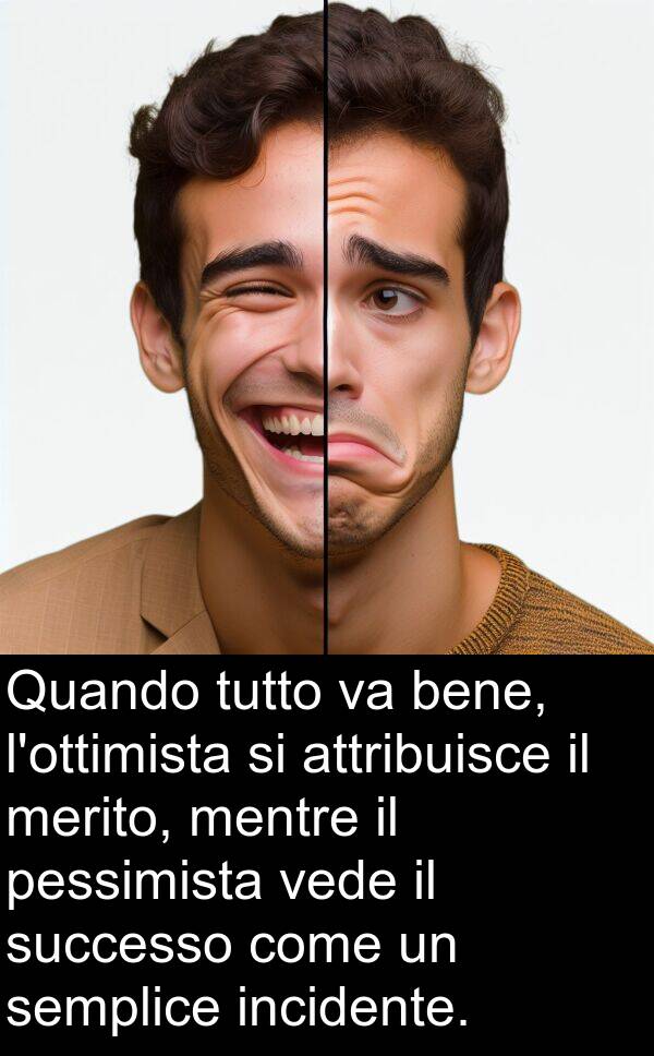 vede: Quando tutto va bene, l'ottimista si attribuisce il merito, mentre il pessimista vede il successo come un semplice incidente.