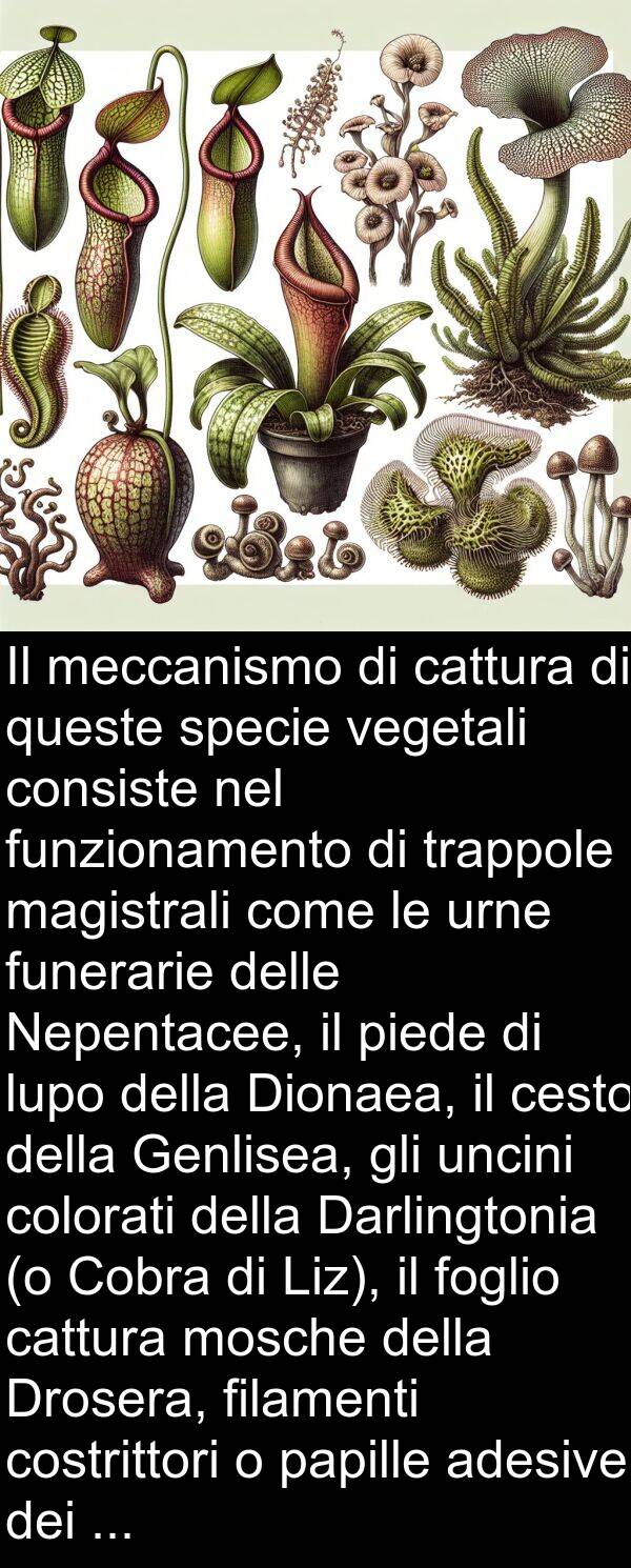 uncini: Il meccanismo di cattura di queste specie vegetali consiste nel funzionamento di trappole magistrali come le urne funerarie delle Nepentacee, il piede di lupo della Dionaea, il cesto della Genlisea, gli uncini colorati della Darlingtonia (o Cobra di Liz), il foglio cattura mosche della Drosera, filamenti costrittori o papille adesive dei funghi acquatici del tipo degli Zoofagi.