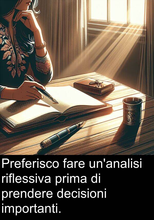 fare: Preferisco fare un'analisi riflessiva prima di prendere decisioni importanti.