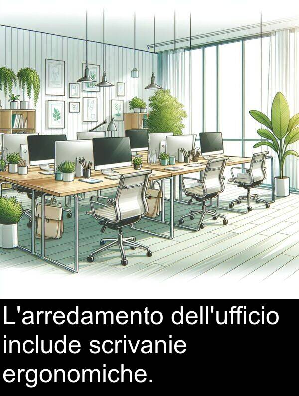 include: L'arredamento dell'ufficio include scrivanie ergonomiche.