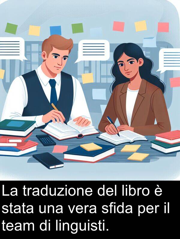 team: La traduzione del libro è stata una vera sfida per il team di linguisti.