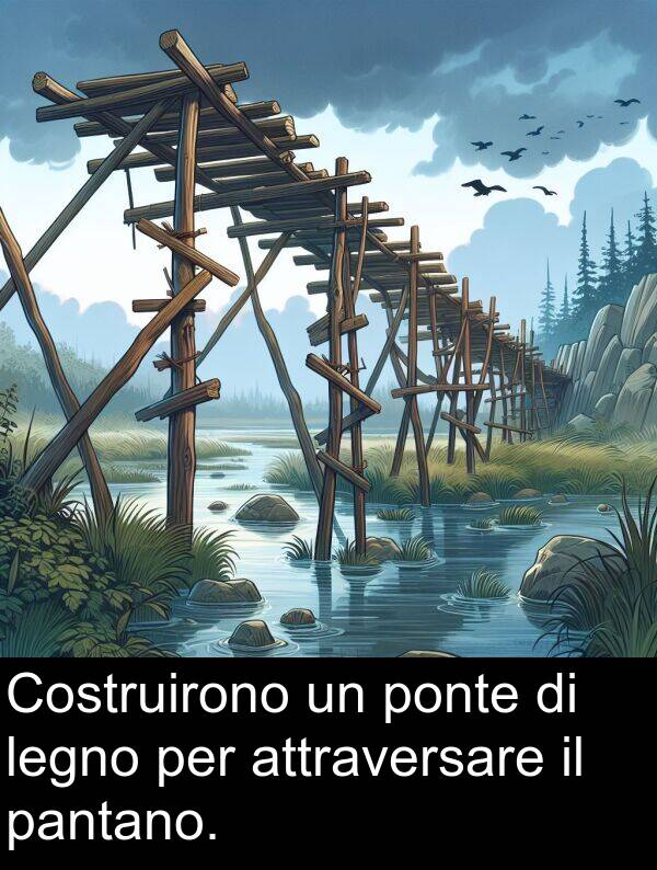 legno: Costruirono un ponte di legno per attraversare il pantano.