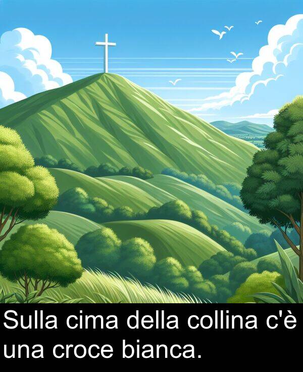 una: Sulla cima della collina c'è una croce bianca.