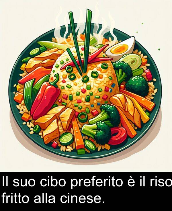 alla: Il suo cibo preferito è il riso fritto alla cinese.