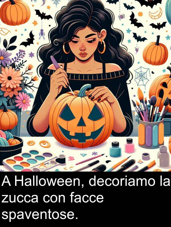 facce: A Halloween, decoriamo la zucca con facce spaventose.