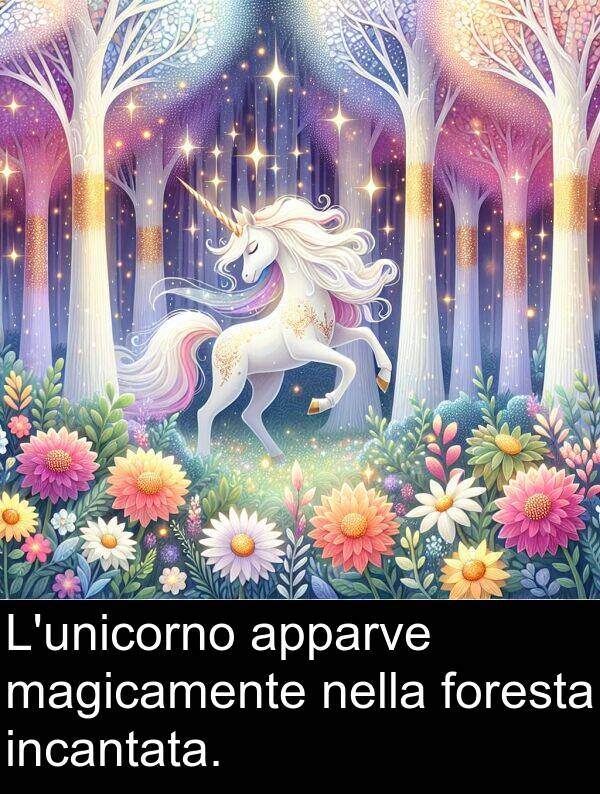 nella: L'unicorno apparve magicamente nella foresta incantata.