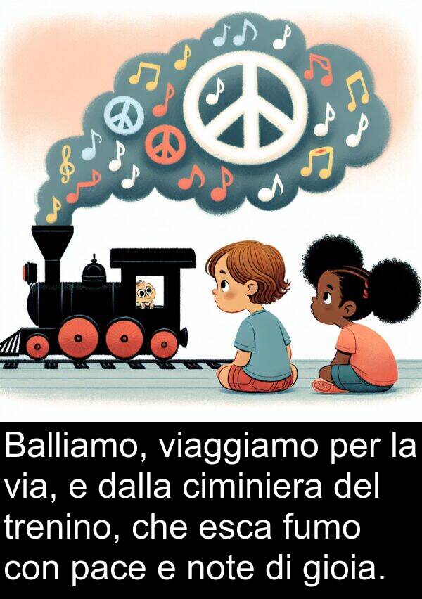 ciminiera: Balliamo, viaggiamo per la via, e dalla ciminiera del trenino, che esca fumo con pace e note di gioia.