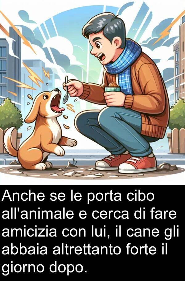 cane: Anche se le porta cibo all'animale e cerca di fare amicizia con lui, il cane gli abbaia altrettanto forte il giorno dopo.