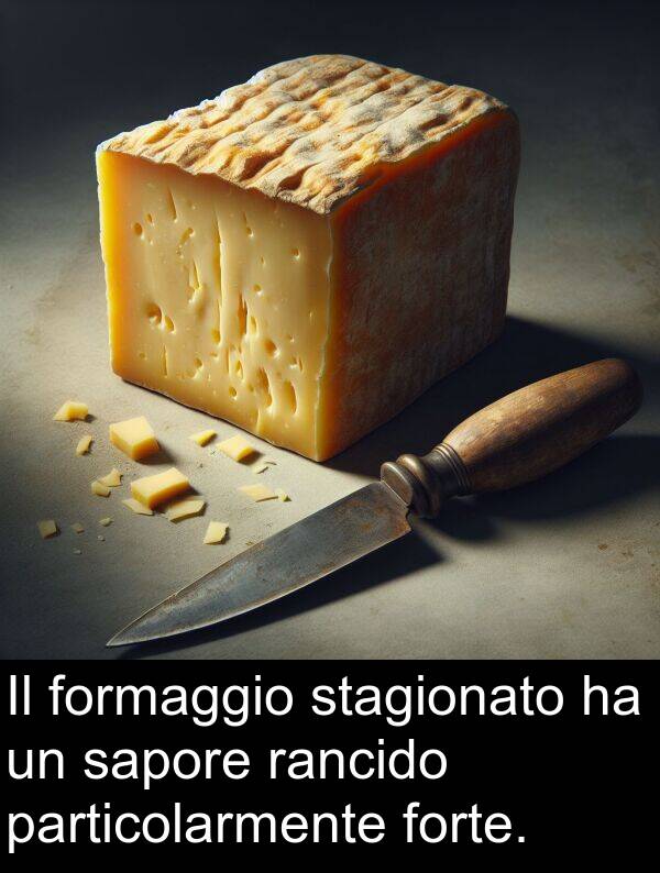 particolarmente: Il formaggio stagionato ha un sapore rancido particolarmente forte.