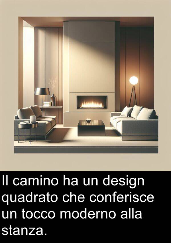 camino: Il camino ha un design quadrato che conferisce un tocco moderno alla stanza.