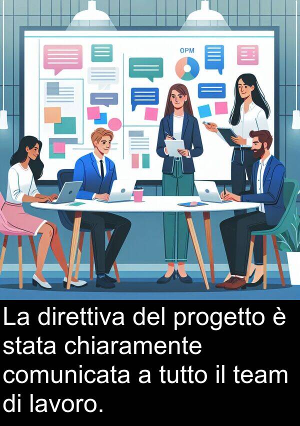 team: La direttiva del progetto è stata chiaramente comunicata a tutto il team di lavoro.