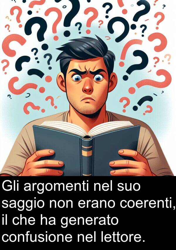 generato: Gli argomenti nel suo saggio non erano coerenti, il che ha generato confusione nel lettore.