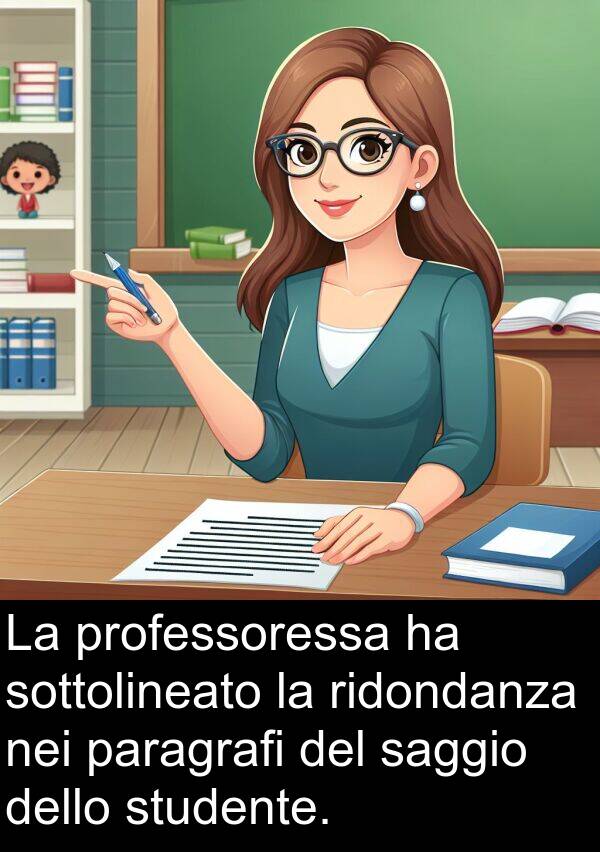 paragrafi: La professoressa ha sottolineato la ridondanza nei paragrafi del saggio dello studente.