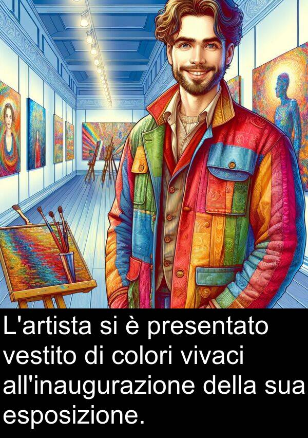 vestito: L'artista si è presentato vestito di colori vivaci all'inaugurazione della sua esposizione.