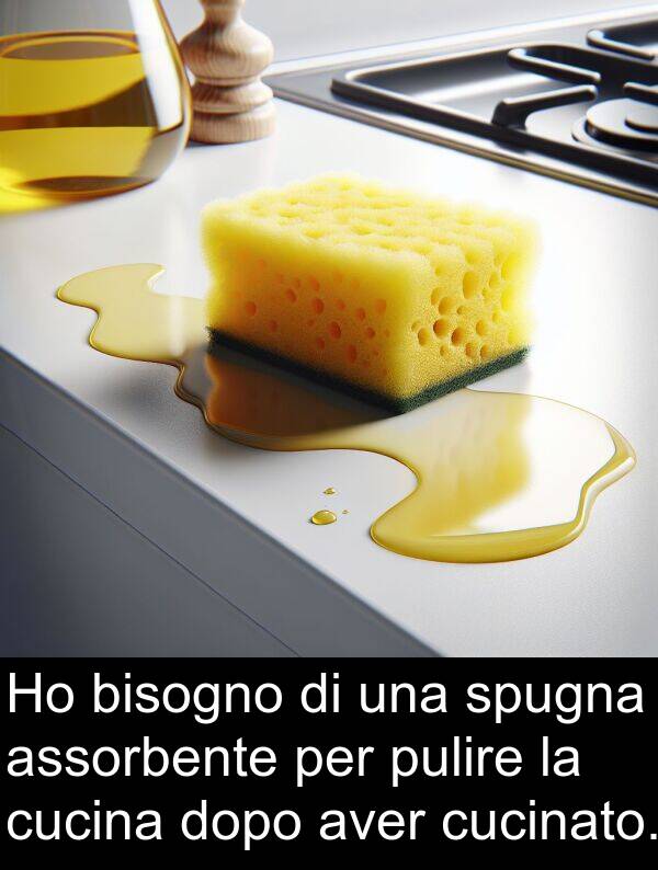 bisogno: Ho bisogno di una spugna assorbente per pulire la cucina dopo aver cucinato.