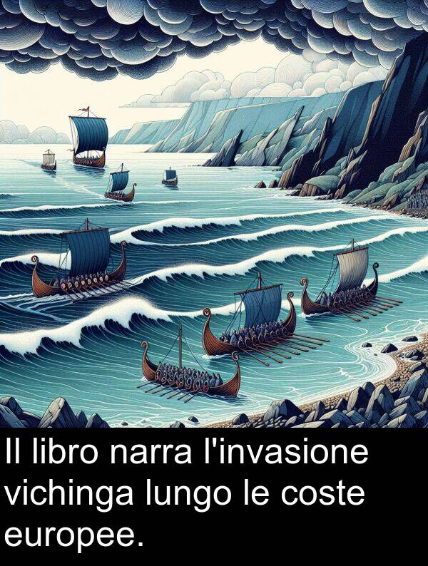 narra: Il libro narra l'invasione vichinga lungo le coste europee.