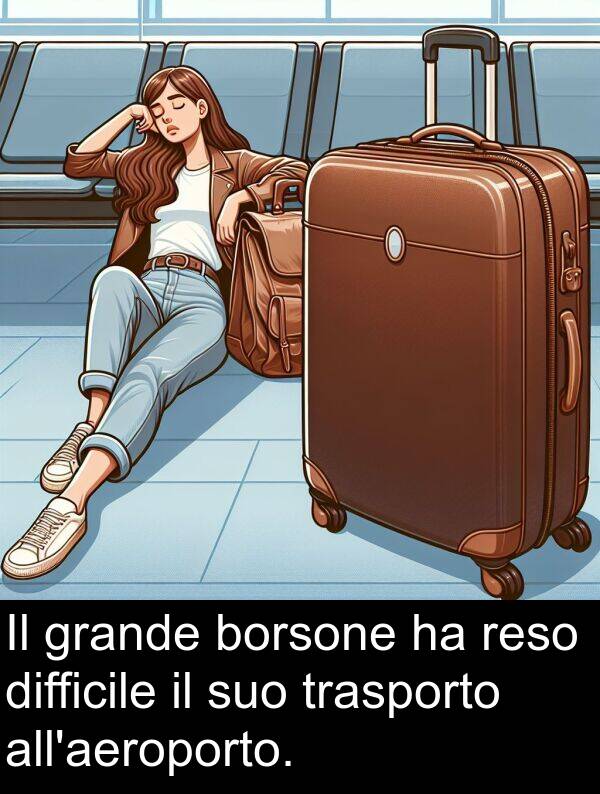 trasporto: Il grande borsone ha reso difficile il suo trasporto all'aeroporto.