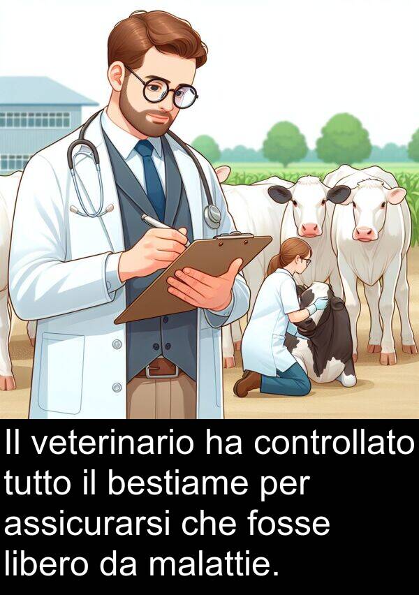 veterinario: Il veterinario ha controllato tutto il bestiame per assicurarsi che fosse libero da malattie.