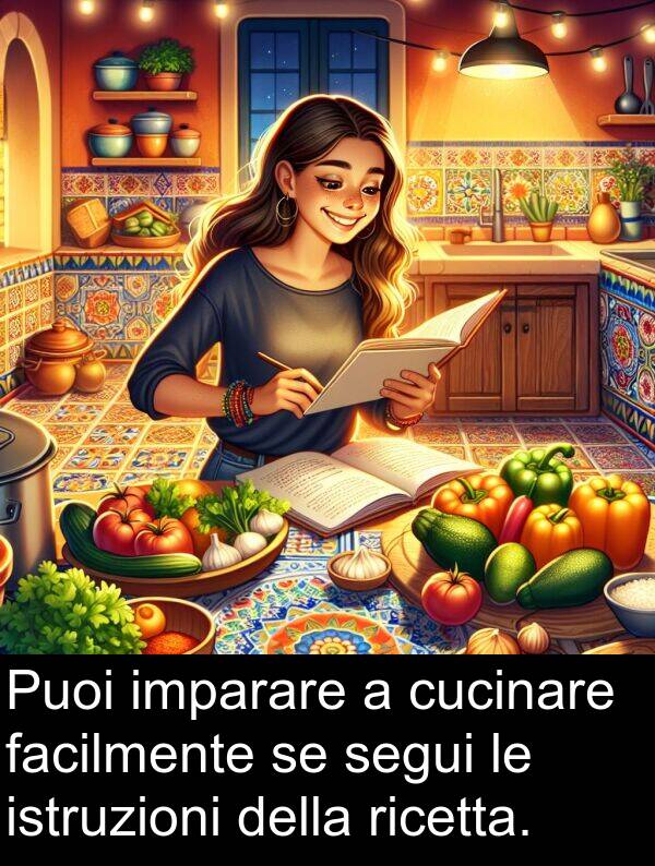 imparare: Puoi imparare a cucinare facilmente se segui le istruzioni della ricetta.