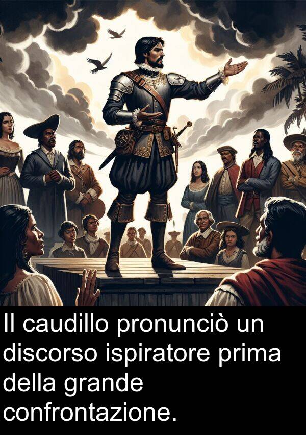 prima: Il caudillo pronunciò un discorso ispiratore prima della grande confrontazione.