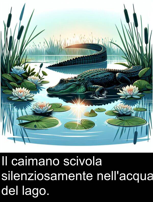 silenziosamente: Il caimano scivola silenziosamente nell'acqua del lago.