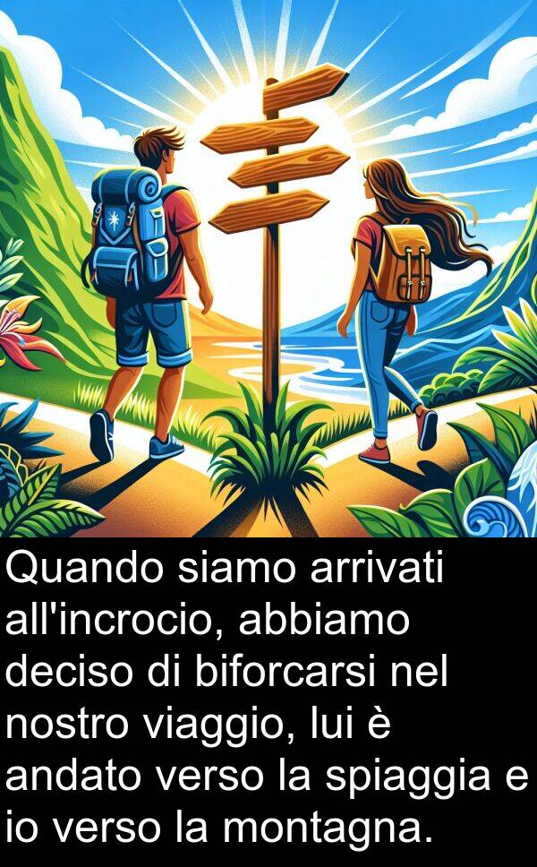 abbiamo: Quando siamo arrivati all'incrocio, abbiamo deciso di biforcarsi nel nostro viaggio, lui è andato verso la spiaggia e io verso la montagna.