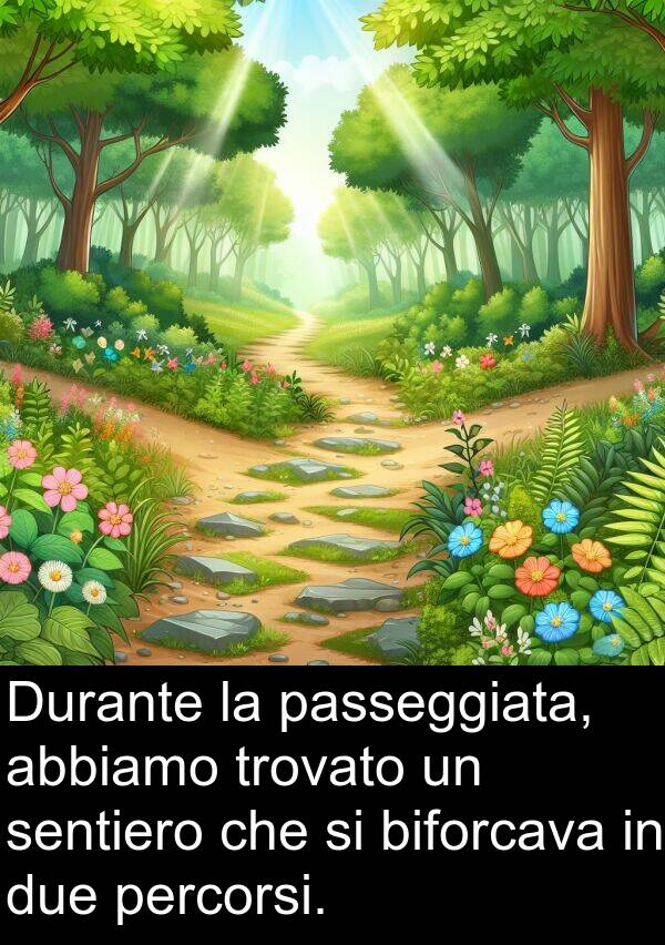 abbiamo: Durante la passeggiata, abbiamo trovato un sentiero che si biforcava in due percorsi.