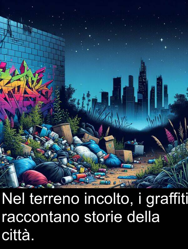 raccontano: Nel terreno incolto, i graffiti raccontano storie della città.