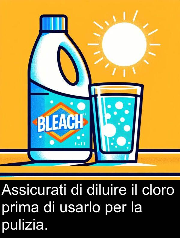 usarlo: Assicurati di diluire il cloro prima di usarlo per la pulizia.