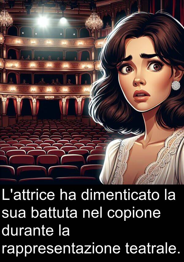 teatrale: L'attrice ha dimenticato la sua battuta nel copione durante la rappresentazione teatrale.