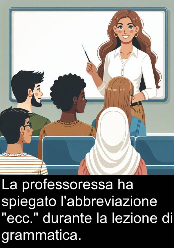 lezione: La professoressa ha spiegato l'abbreviazione "ecc." durante la lezione di grammatica.