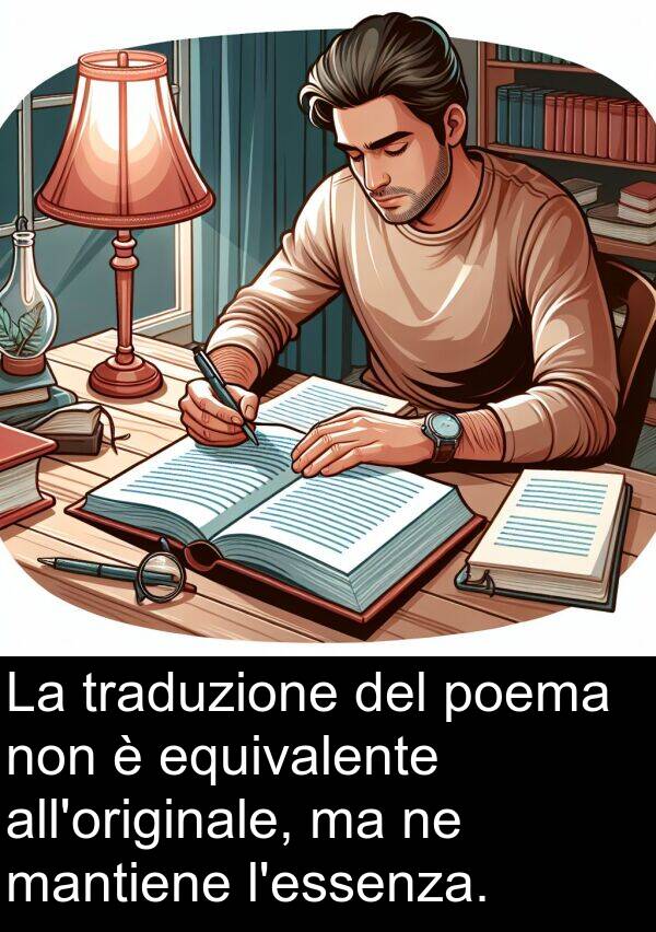 mantiene: La traduzione del poema non è equivalente all'originale, ma ne mantiene l'essenza.