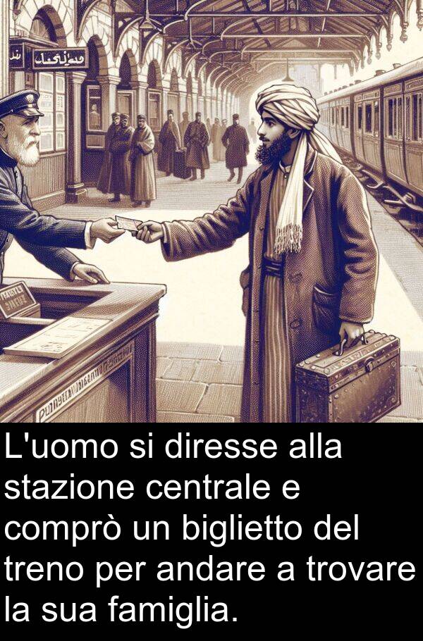 famiglia: L'uomo si diresse alla stazione centrale e comprò un biglietto del treno per andare a trovare la sua famiglia.