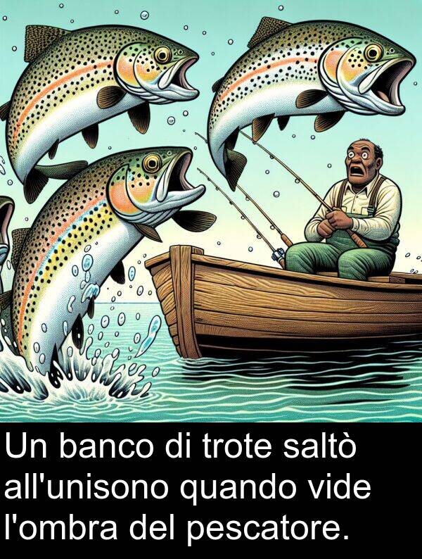 saltò: Un banco di trote saltò all'unisono quando vide l'ombra del pescatore.