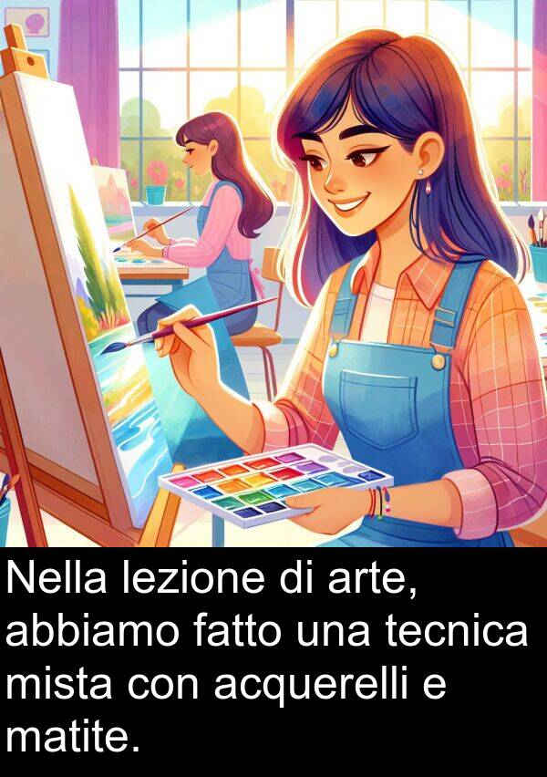 abbiamo: Nella lezione di arte, abbiamo fatto una tecnica mista con acquerelli e matite.