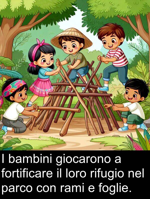 rami: I bambini giocarono a fortificare il loro rifugio nel parco con rami e foglie.