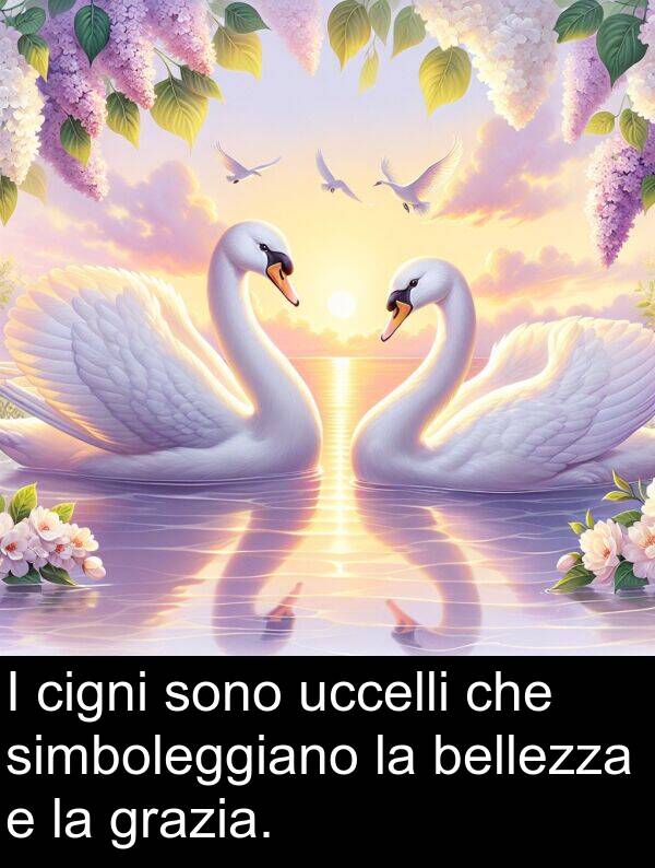 uccelli: I cigni sono uccelli che simboleggiano la bellezza e la grazia.