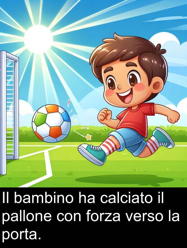 pallone: Il bambino ha calciato il pallone con forza verso la porta.