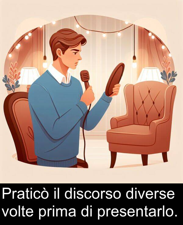 prima: Praticò il discorso diverse volte prima di presentarlo.