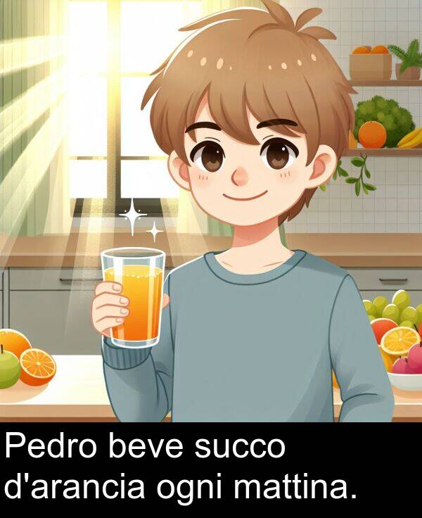 beve: Pedro beve succo d'arancia ogni mattina.