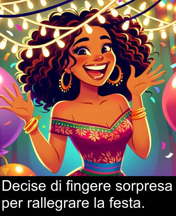 rallegrare: Decise di fingere sorpresa per rallegrare la festa.