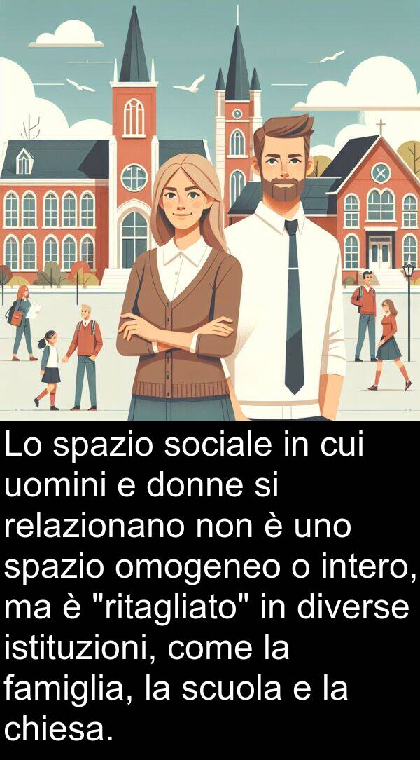 omogeneo: Lo spazio sociale in cui uomini e donne si relazionano non è uno spazio omogeneo o intero, ma è "ritagliato" in diverse istituzioni, come la famiglia, la scuola e la chiesa.