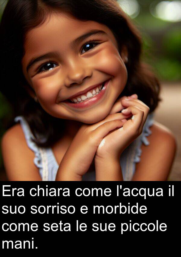 morbide: Era chiara come l'acqua il suo sorriso e morbide come seta le sue piccole mani.