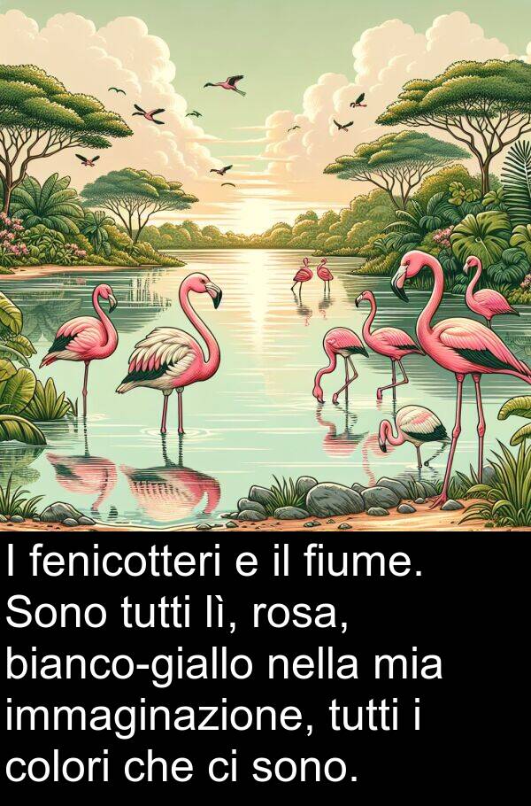 fenicotteri: I fenicotteri e il fiume. Sono tutti lì, rosa, bianco-giallo nella mia immaginazione, tutti i colori che ci sono.