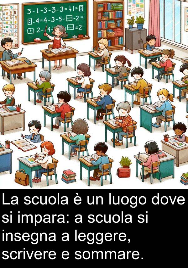 leggere: La scuola è un luogo dove si impara: a scuola si insegna a leggere, scrivere e sommare.