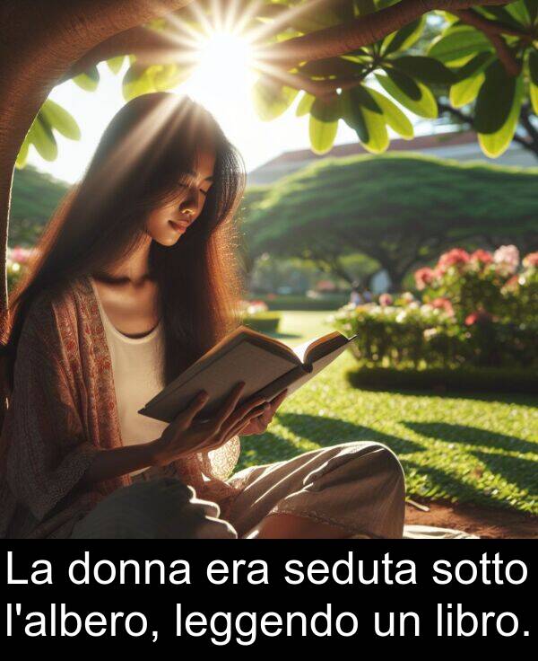 sotto: La donna era seduta sotto l'albero, leggendo un libro.