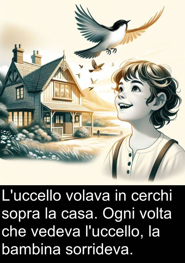 vedeva: L'uccello volava in cerchi sopra la casa. Ogni volta che vedeva l'uccello, la bambina sorrideva.