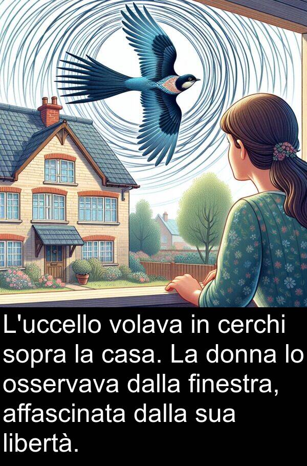 libertà: L'uccello volava in cerchi sopra la casa. La donna lo osservava dalla finestra, affascinata dalla sua libertà.